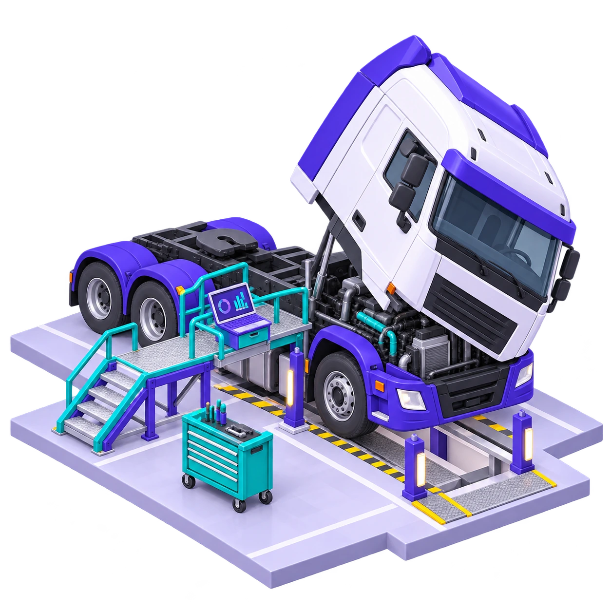 Atelier poids lourds avec camion en maintenance