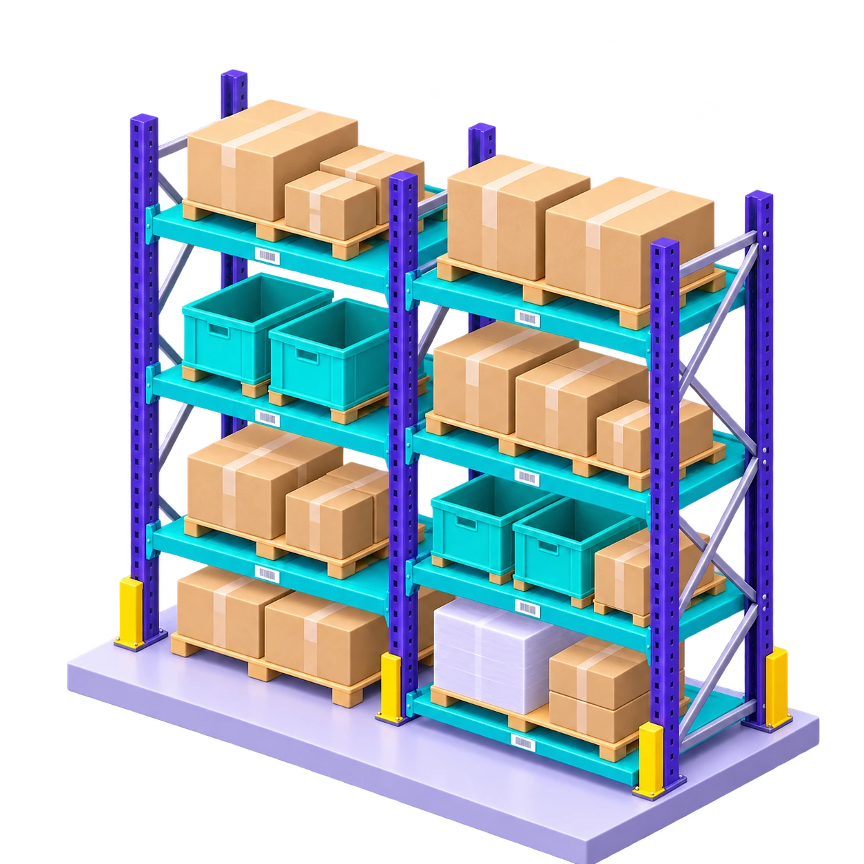 Rayonnage à deux travées comportant exactement quatre niveaux de stockage