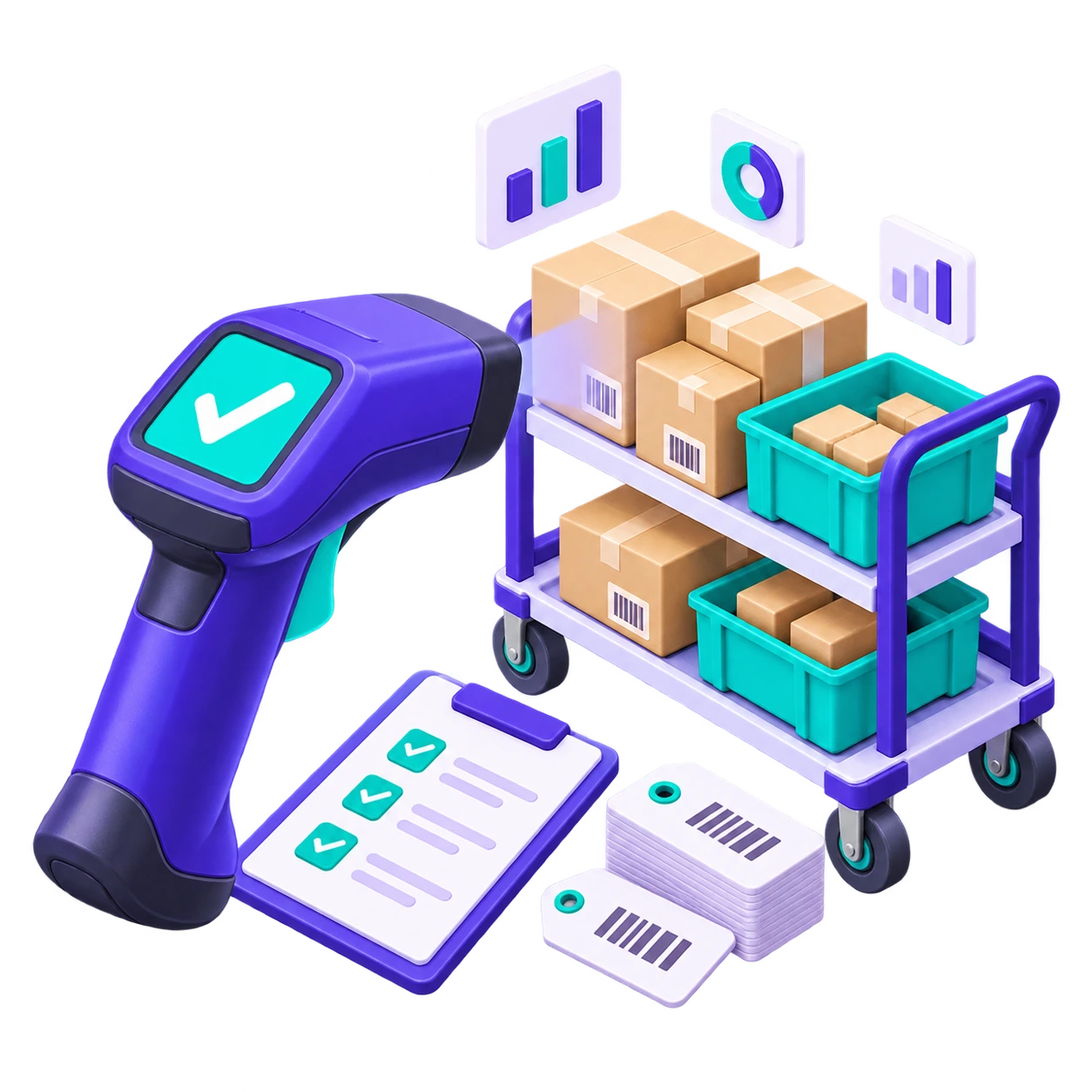 Comptage d’inventaire avec terminal code-barres et chariot de stockage